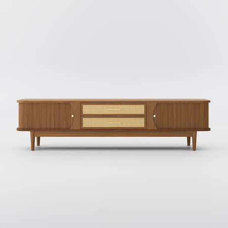 Mid-Century Vintage Wicker TV Stand with 2 Sliding Doors and 2 Drawers - Suitable for Living Room