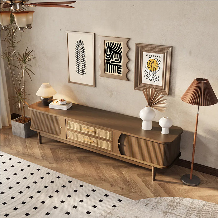 Mid-Century Vintage Wicker TV Stand with 2 Sliding Doors and 2 Drawers - Suitable for Living Room