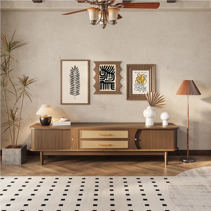 Mid-Century Vintage Wicker TV Stand with 2 Sliding Doors and 2 Drawers - Suitable for Living Room