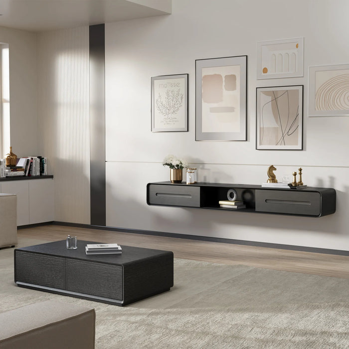 Modern Minimalist Black Floating TV Stand Entertainment Center with 2 Drawers and Open Shelf - Suitable for Living Room