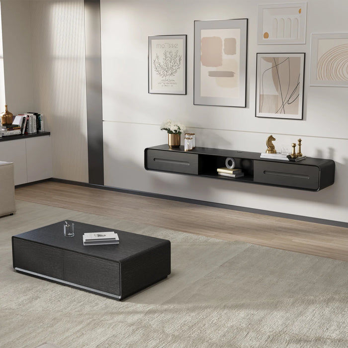 Modern Minimalist Black Floating TV Stand Entertainment Center with 2 Drawers and Open Shelf - Suitable for Living Room