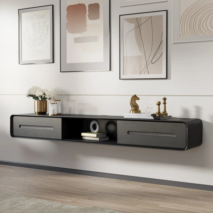 Modern Minimalist Black Floating TV Stand Entertainment Center with 2 Drawers and Open Shelf - Suitable for Living Room
