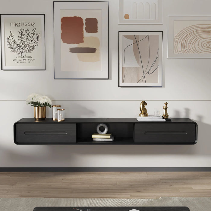 Modern Minimalist Black Floating TV Stand Entertainment Center with 2 Drawers and Open Shelf - Suitable for Living Room