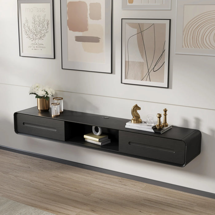Modern Minimalist Black Floating TV Stand Entertainment Center with 2 Drawers and Open Shelf - Suitable for Living Room