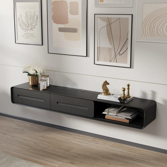 Modern Minimalist Black Floating TV Stand Entertainment Center with 2 Drawers and Open Shelf - Suitable for Living Room
