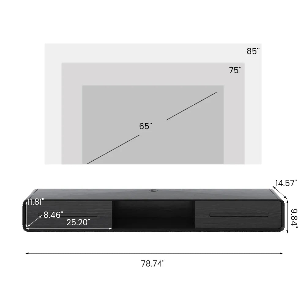 Modern Minimalist Black Floating TV Stand Entertainment Center with 2 Drawers and Open Shelf - Suitable for Living Room