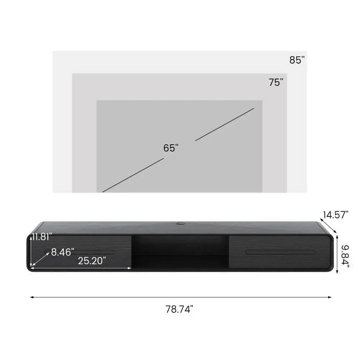 Modern Minimalist Black Floating TV Stand Entertainment Center with 2 Drawers and Open Shelf - Suitable for Living Room