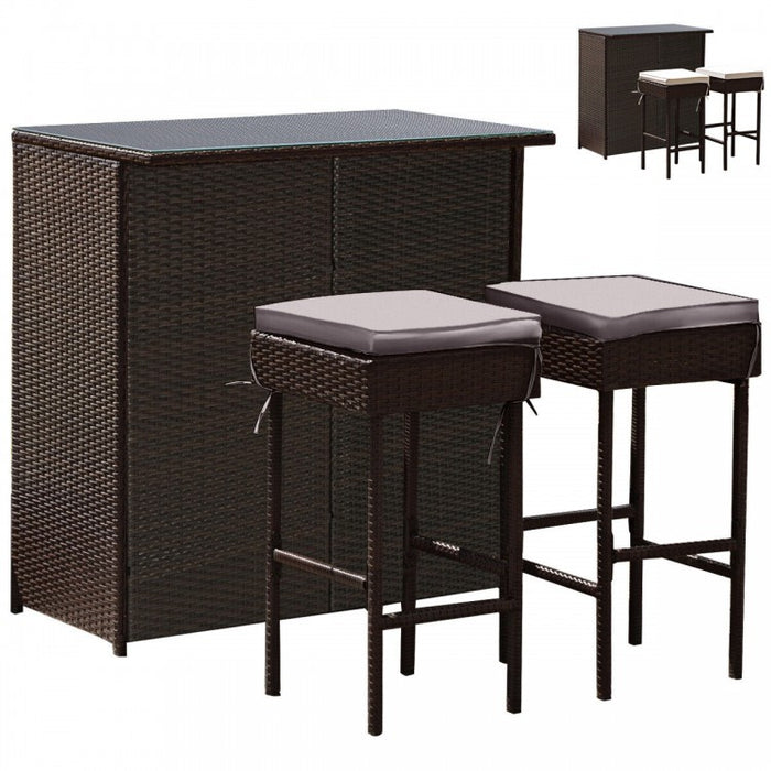 3-Piece Outdoor Wicker Rattan Bar Furniture Set with Comfortable Cushions