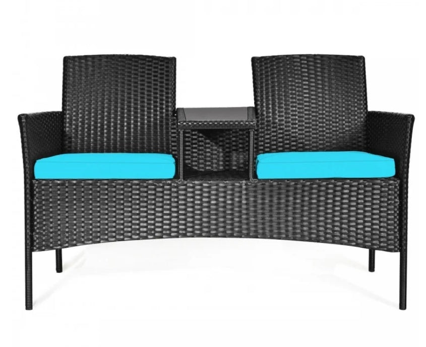 Outdoor Wicker Patio Conversation Set Sofa Loveseat Glass Table with Turquoise Cushions