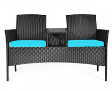 Charger l&#39;image dans la galerie, Outdoor Wicker Patio Conversation Set Sofa Loveseat Glass Table with Turquoise Cushions
