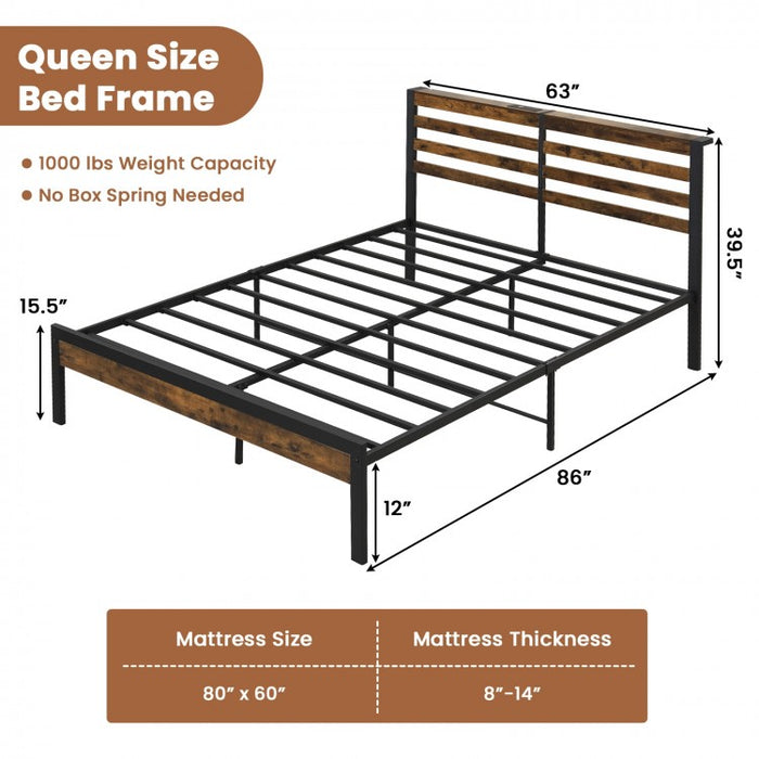 Costway Industrial Style Headboard with Built-in Outlets Retro Bed Frame