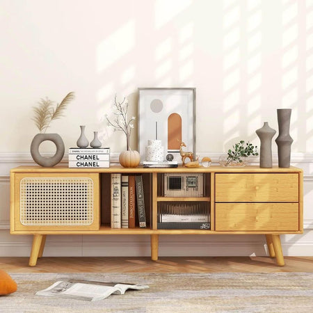 Bamboo TV Stand Console Table with PE Rattan Door & 2 Drawers for TV up to 65