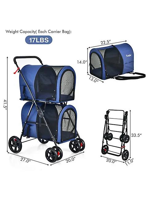 4-in-1 Double Pet Stroller W/ Detachable Carrier Travel Carriage