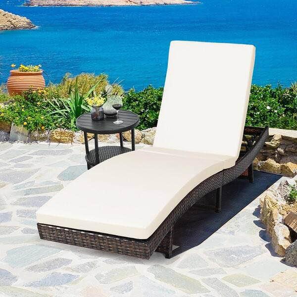 Outdoor Folding Chaise Lounge, Rattan Patio Lounge Chair with Removable Thick Cushion