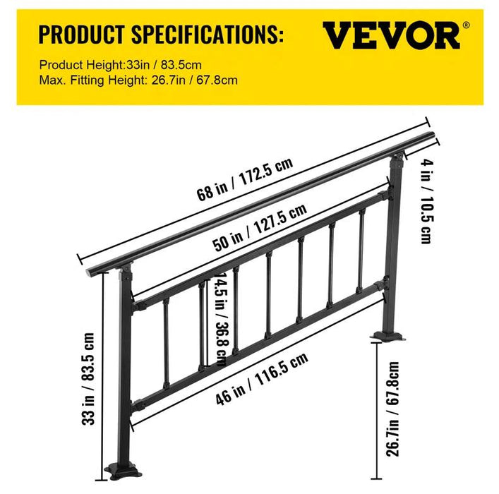 33" H x 68" W x 2" D Outdoor Stair Railing Starting Steps