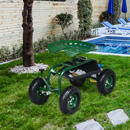 Auction Deal -Outdoor Garden Green 4-Wheel Rolling Cart with Seat