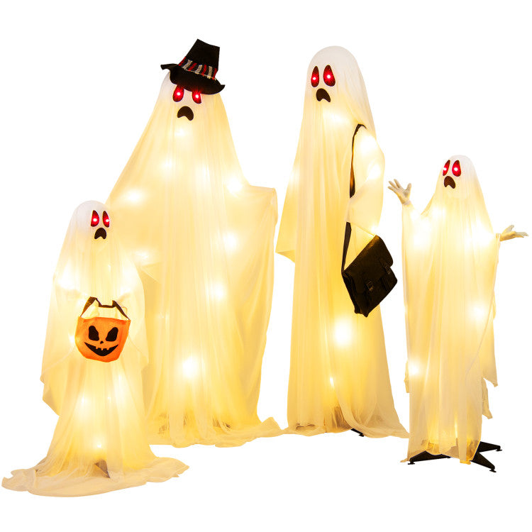 Halloween White Cloth Ghost Family 4-Piece Set with LED Lights - Suitable for Halloween Decorations, Haunted Houses, and Parties