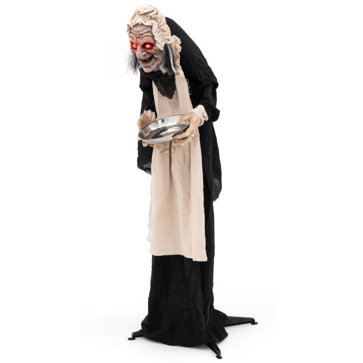 Halloween Animated Standing Greeter Old Lady with Built-in Pre-recorded Phrases - Suitable for Scary Themed Parties and Haunted House Decorations