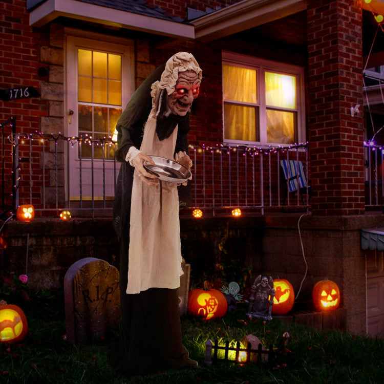 Halloween Animated Standing Greeter Old Lady with Built-in Pre-recorded Phrases - Suitable for Scary Themed Parties and Haunted House Decorations
