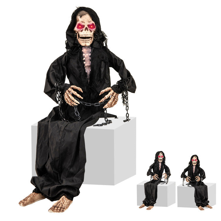 Halloween Electronic Sitting Grim Reaper with Built-in Pre-recorded Phrases and Red Eyes - Suitable for Haunted Houses and Halloween Decorations