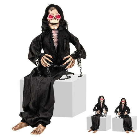 Halloween Electronic Sitting Grim Reaper with Built-in Pre-recorded Phrases and Red Eyes - Suitable for Haunted Houses and Halloween Decorations