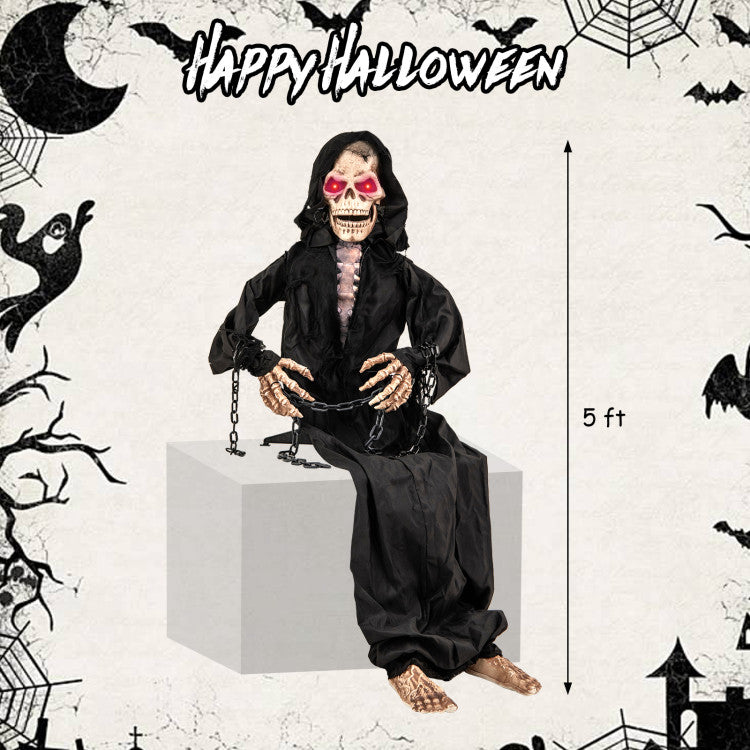 Halloween Electronic Sitting Grim Reaper with Built-in Pre-recorded Phrases and Red Eyes - Suitable for Haunted Houses and Halloween Decorations