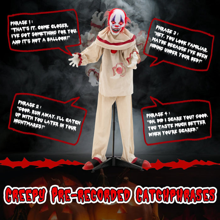 Halloween Electronic Animated Killer Clown with Pre-recorded Phrases - Head and Arms Movable, Suitable for Haunted House Decorations