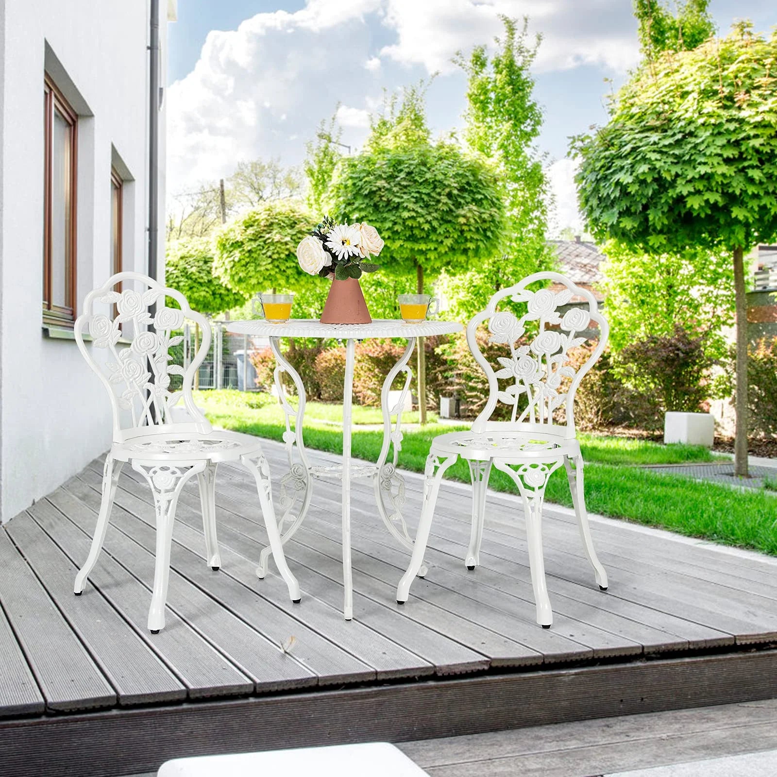 3 Piece Bistro Set, Cast Aluminum Porch Furniture, Outdoor Patio Dining Table and Chairs with Umbrella Hole