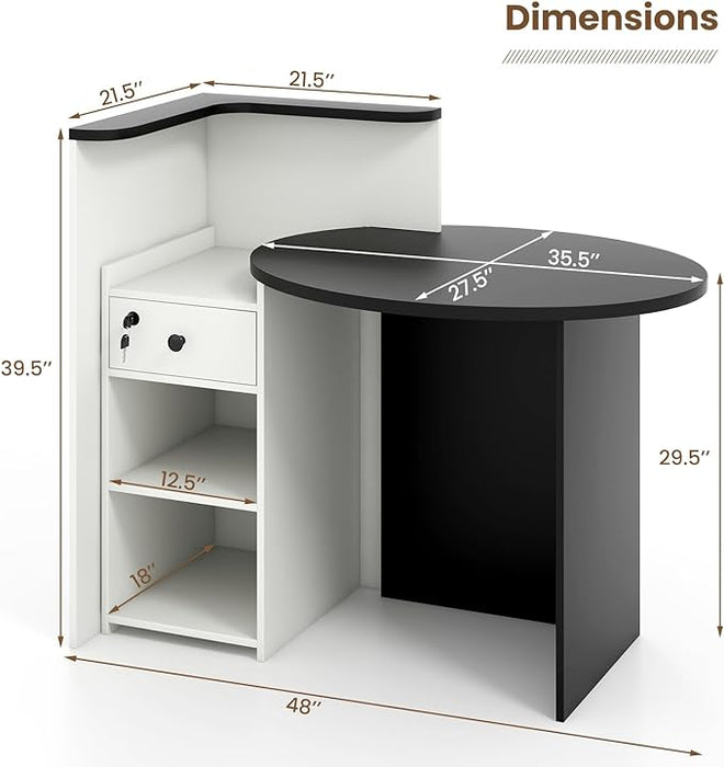 Multifunctional Black and White Reception Desk with Adjustable Shelves, Drawers, and Locking Capabilities
