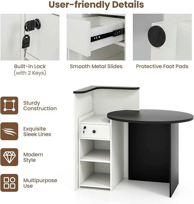 Multifunctional Black and White Reception Desk with Adjustable Shelves, Drawers, and Locking Capabilities