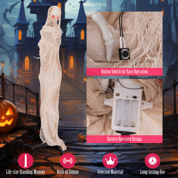 Halloween Electronic Animated Standing Mummy with Built-in LED Red Eyes - Suitable for Haunted Houses and Halloween Decorations