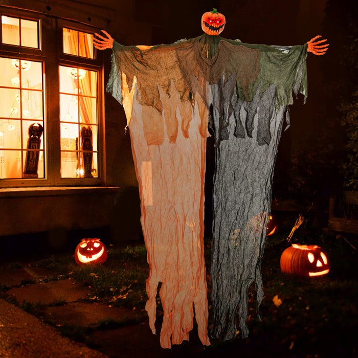 Halloween Hanging Pumpkin Ghost with Glowing Red Eyes and Bendable Arms - Suitable for Haunted Houses and Halloween Decorations