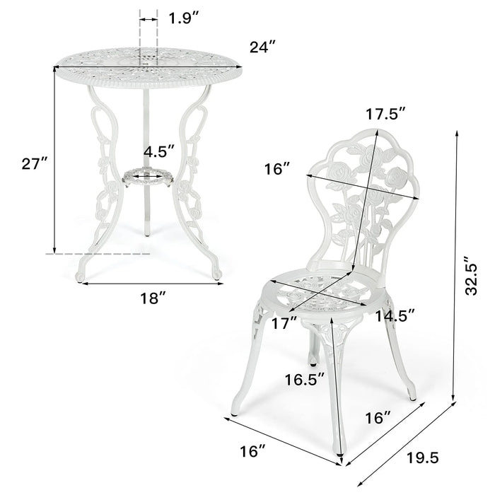 3 Piece Bistro Set, Cast Aluminum Porch Furniture, Outdoor Patio Dining Table and Chairs with Umbrella Hole