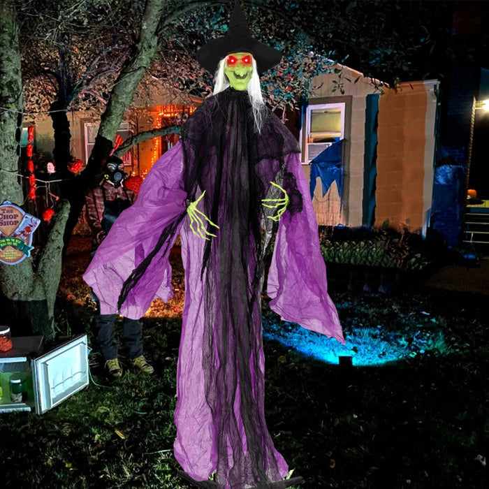 Halloween Electronic Standing Witch with Built-in Pre-recorded Phrases and Glowing Eyes - Suitable for Trick-or-Treat Activities and Halloween Decorations
