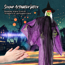 Load image into Gallery viewer, Halloween Electronic Standing Witch with Built-in Pre-recorded Phrases and Glowing Eyes - Suitable for Trick-or-Treat Activities and Halloween Decorations

