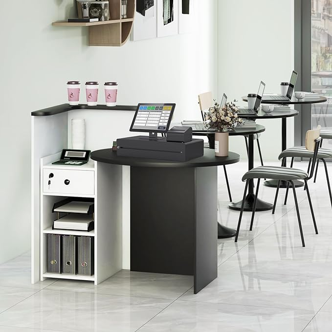 Multifunctional Black and White Reception Desk with Adjustable Shelves, Drawers, and Locking Capabilities