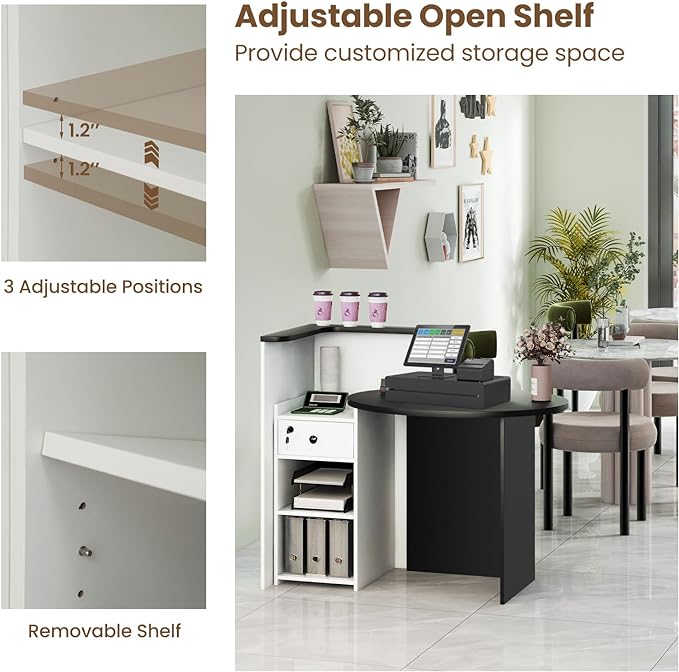 Multifunctional Black and White Reception Desk with Adjustable Shelves, Drawers, and Locking Capabilities