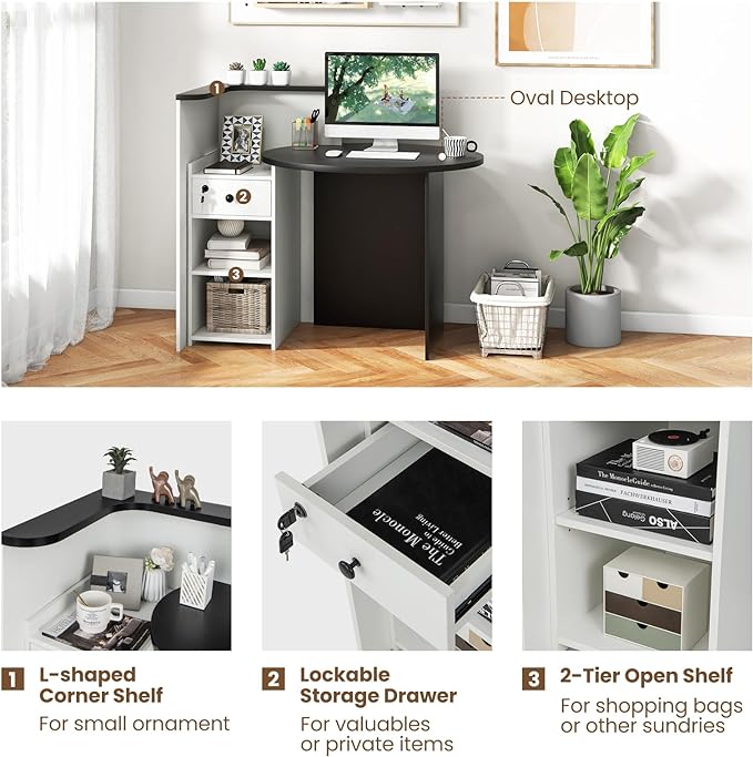 Multifunctional Black and White Reception Desk with Adjustable Shelves, Drawers, and Locking Capabilities