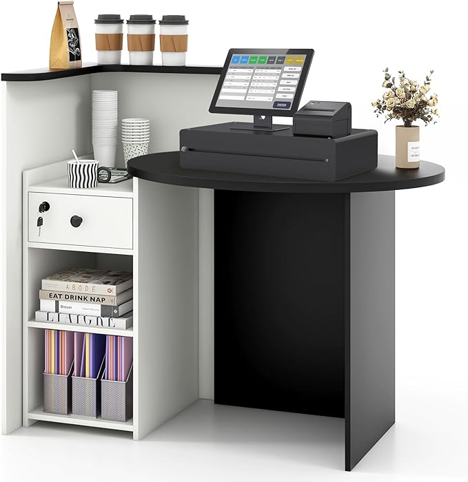 Multifunctional Black and White Reception Desk with Adjustable Shelves, Drawers, and Locking Capabilities