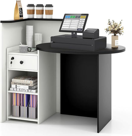 Multifunctional Black and White Reception Desk with Adjustable Shelves, Drawers, and Locking Capabilities