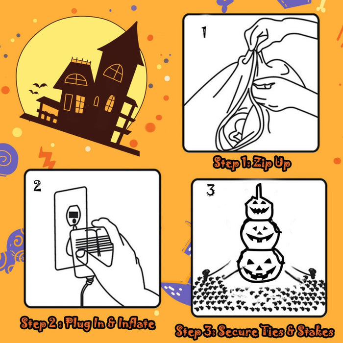 Halloween Inflatable Pumpkin 3-Piece Set with Built-in LED Lights and Waterproof Fan - Suitable for Halloween Decorations, Haunted Houses, and Parties