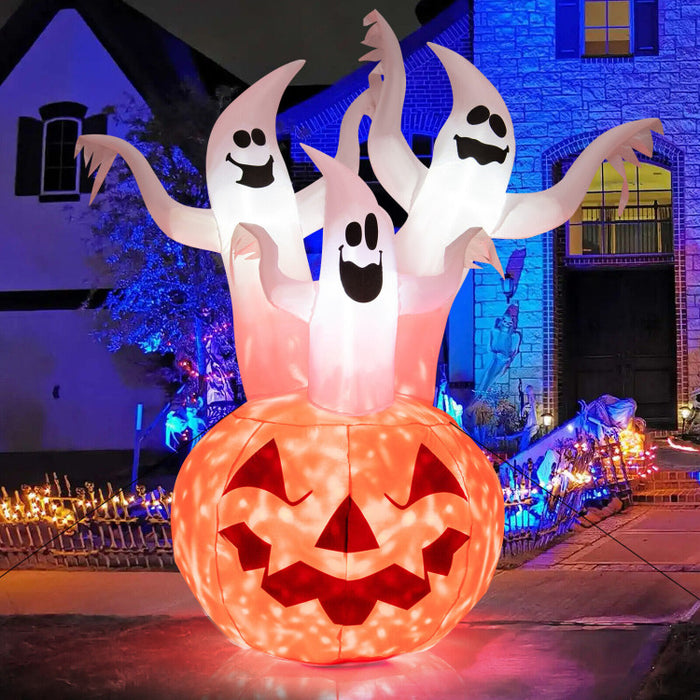 Halloween Inflatable Ghost Pumpkin with Built-in Spinning Flame Light - Suitable for Trick-or-Treat Events and Parties