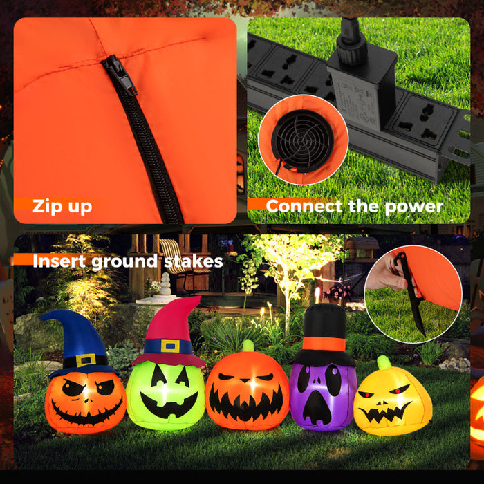 Halloween Inflatable Pumpkin Family 5-Piece Set with Built-in LED Lights and Witch Hats - Suitable for Halloween Decorations