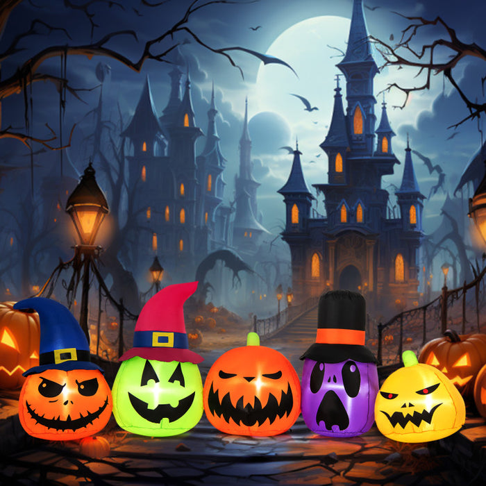Halloween Inflatable Pumpkin Family 5-Piece Set with Built-in LED Lights and Witch Hats - Suitable for Halloween Decorations