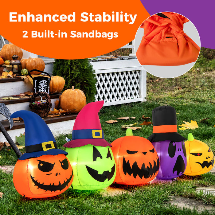 Halloween Inflatable Pumpkin Family 5-Piece Set with Built-in LED Lights and Witch Hats - Suitable for Halloween Decorations