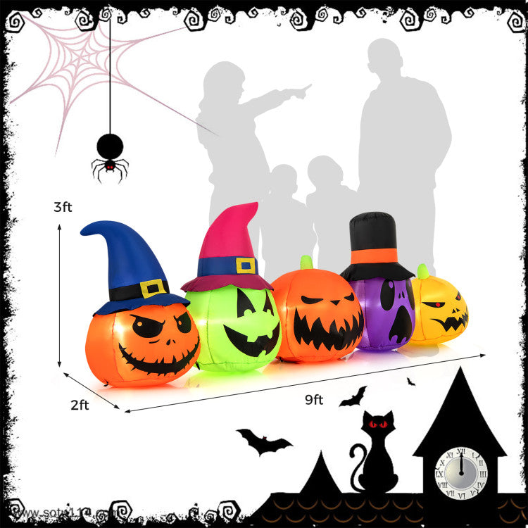 Halloween Inflatable Pumpkin Family 5-Piece Set with Built-in LED Lights and Witch Hats - Suitable for Halloween Decorations