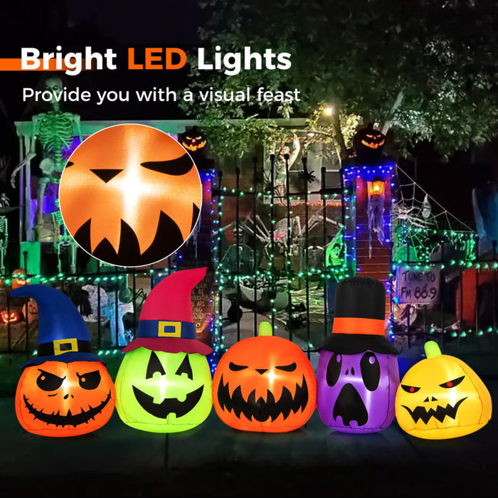 Halloween Inflatable Pumpkin Family 5-Piece Set with Built-in LED Lights and Witch Hats - Suitable for Halloween Decorations