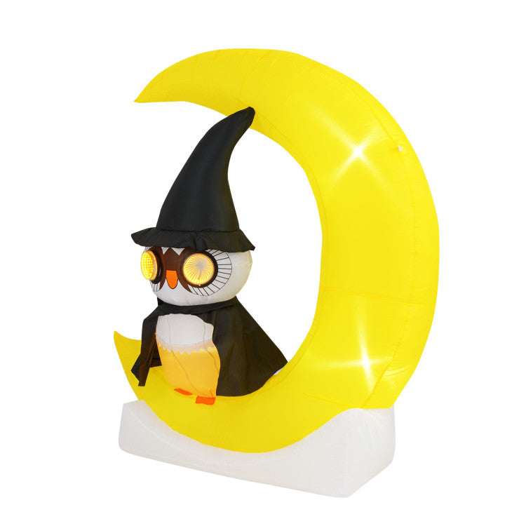 Halloween Inflatable Owl on Moon Decoration with Built-in LED Lights - Suitable for Holiday Parties