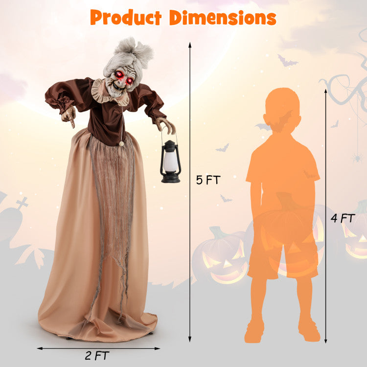 Halloween Electronic Animated Old Lady with LED Red Eyes and Sound Activation - Suitable for Haunted Houses and Halloween Decorations