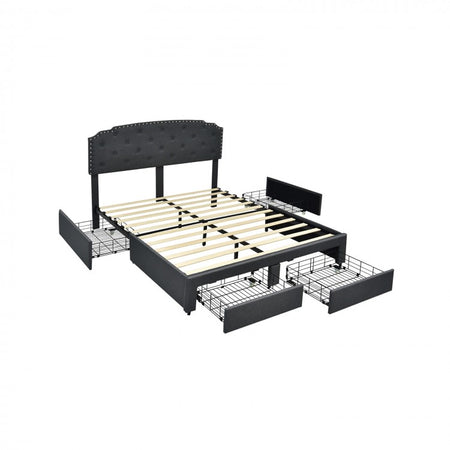Gray Upholstered Bed Frame with 4 Drawers and Button Tufted Headboard